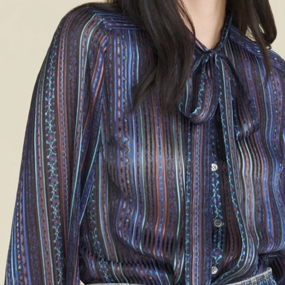 Veronica Beard Navy Malaya Mixed Stripe Tie Silk Button Down Blouse NWT Size 10 - Picture 2 of 14